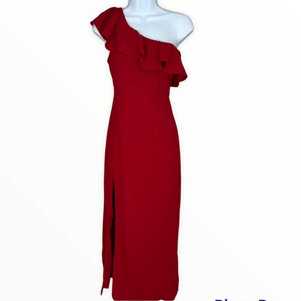 Show Me Your MuMu Florentine red stretch one shoulder ruffle midi dress